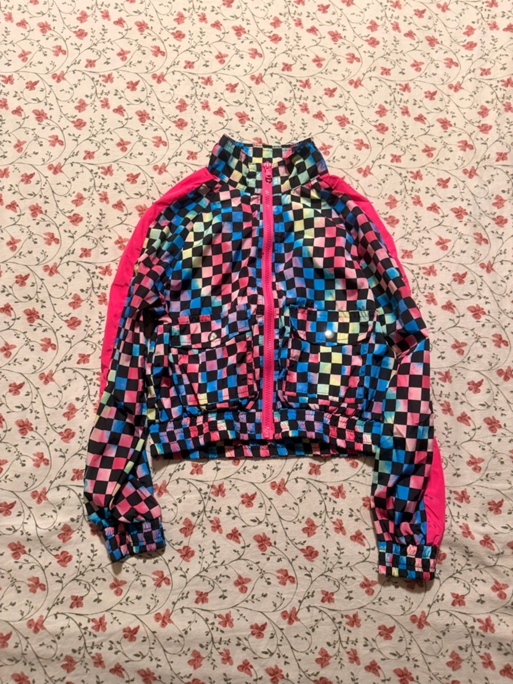Girls' Multicolor Checker Bomber Jacket with Pink Accents